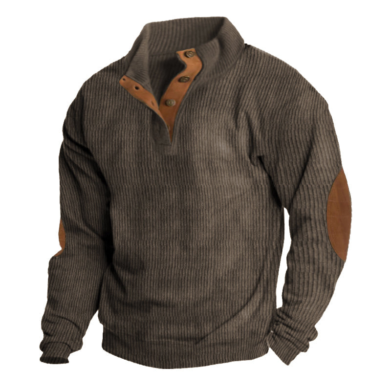 Detailed shot of collar and stitching on mens outdoor sweater