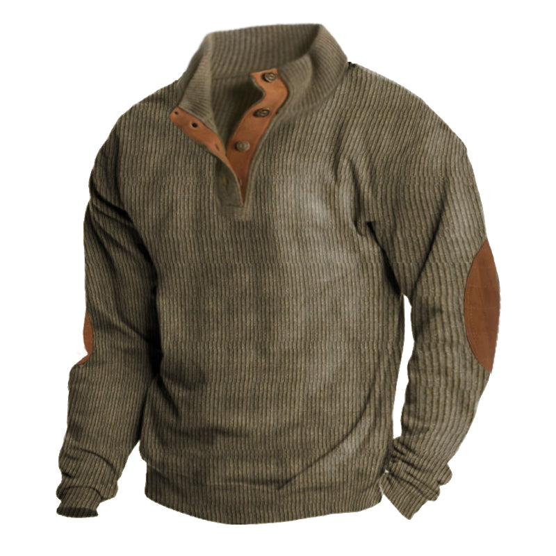 Close-up of ribbed texture on mens outdoor thermal pullover sweater