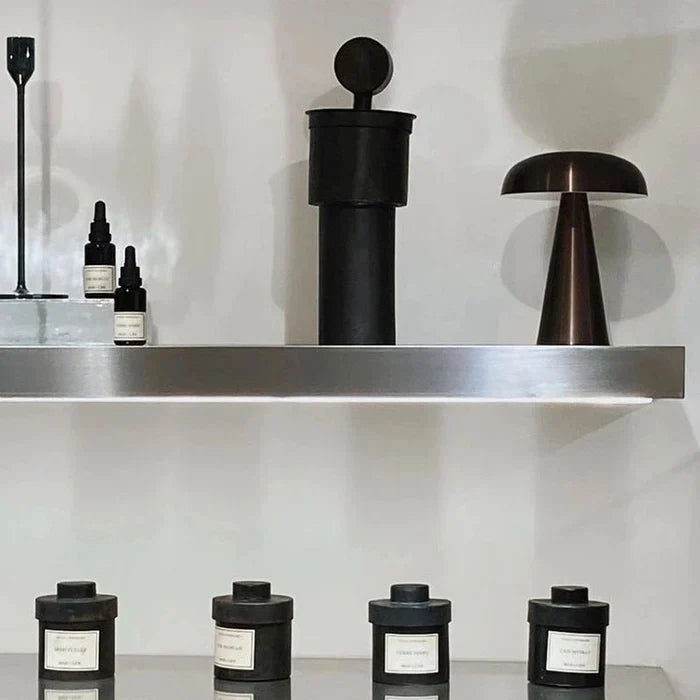 Compact cordless lamp providing elegant illumination on a bookshelf
