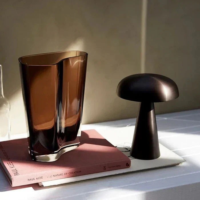 Minimalist cordless mushroom lamp highlighting a stylish home interior