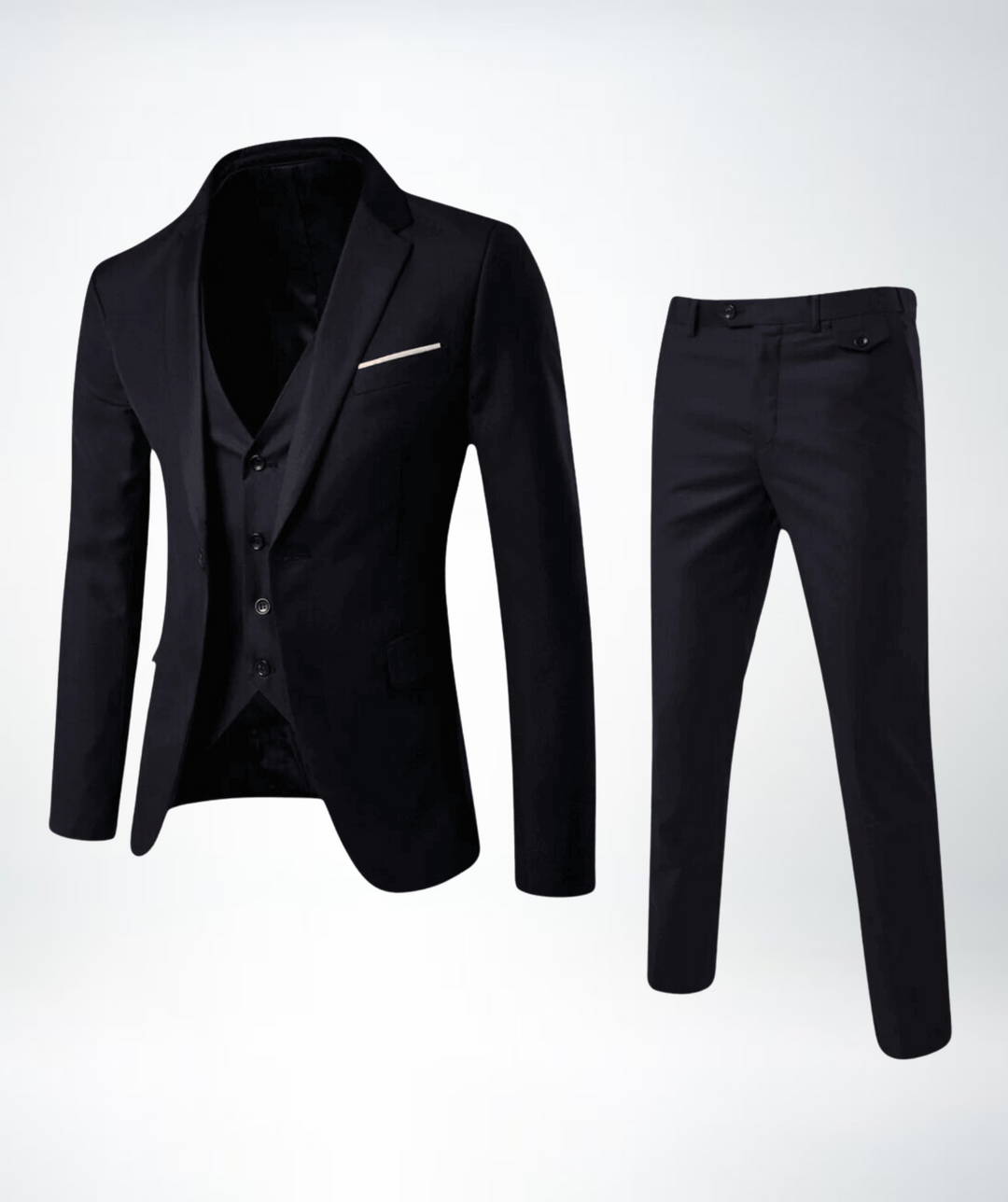 Classic black three-piece men's suit with waistcoat and tailored pants.