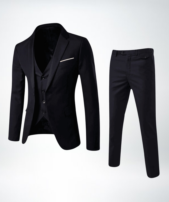 Classic black three-piece men's suit with waistcoat and tailored pants.