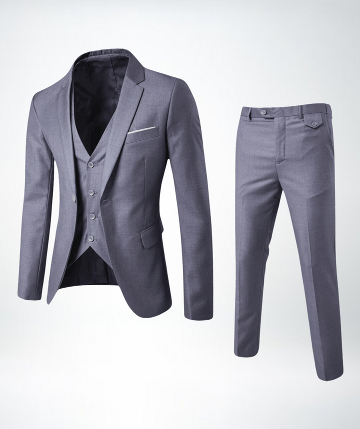 Sophisticated grey three-piece men's suit displayed on a mannequin.