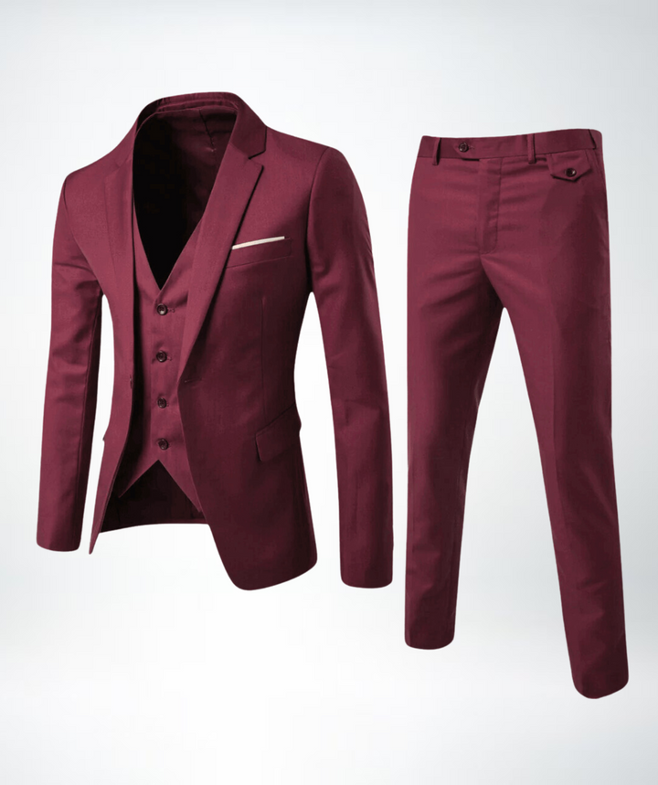 Side view of men's stylish three-piece suit showing tailored trousers and blazer fit