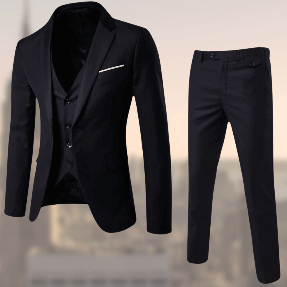 Back view of the tailored men's wedding suit jacket and vest