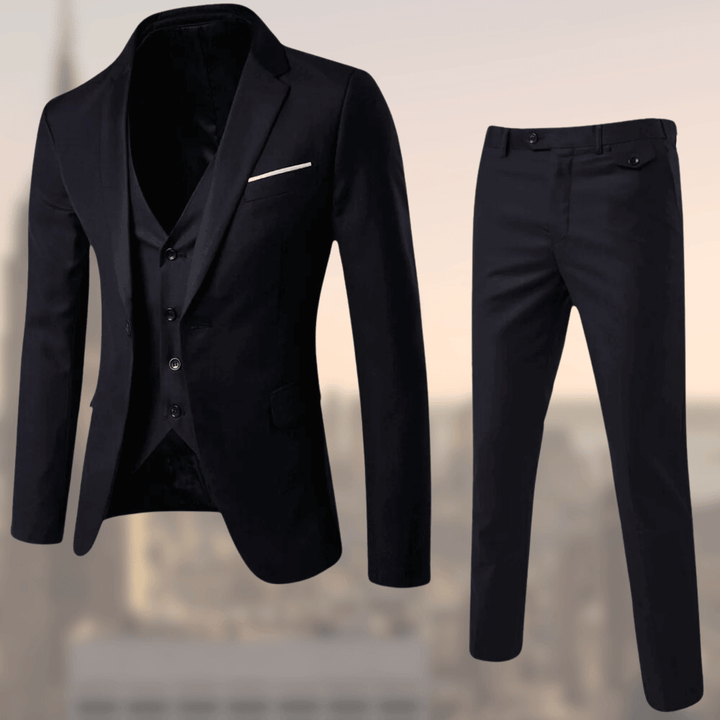 Back view of the tailored men's wedding suit jacket and vest