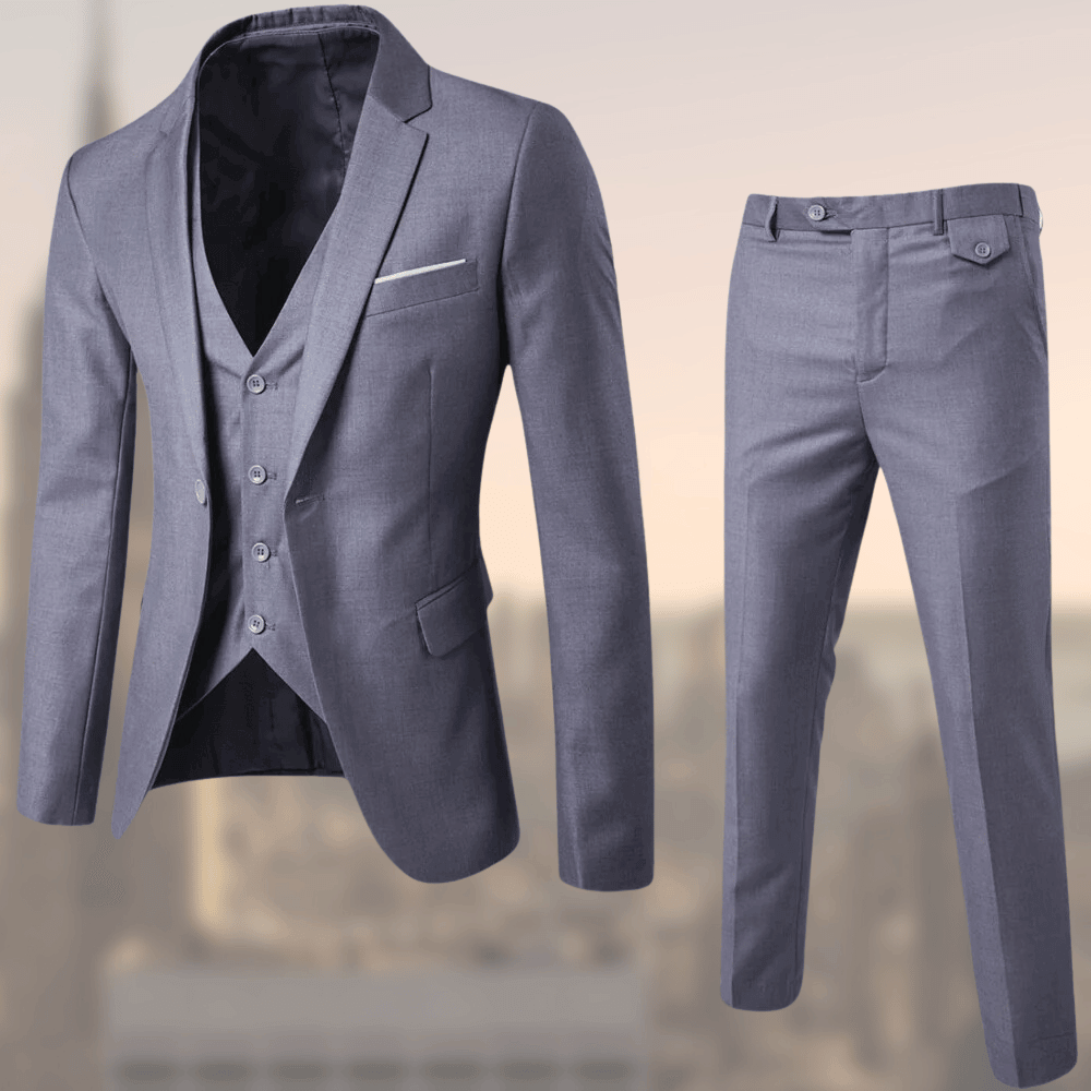 Men's fashion blazer set displayed flat, showing complete three-piece outfit