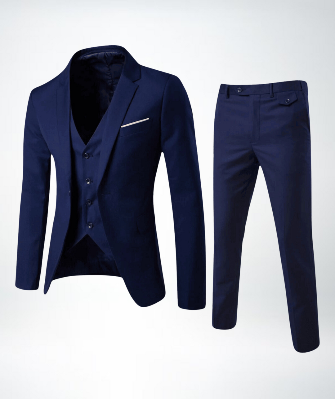 Navy blue three-piece men's suit featuring a jacket, vest, and trousers.