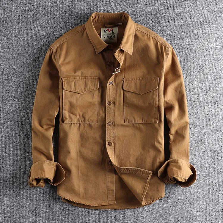 Khaki brown men's long sleeve button-down utility shirt displayed flat