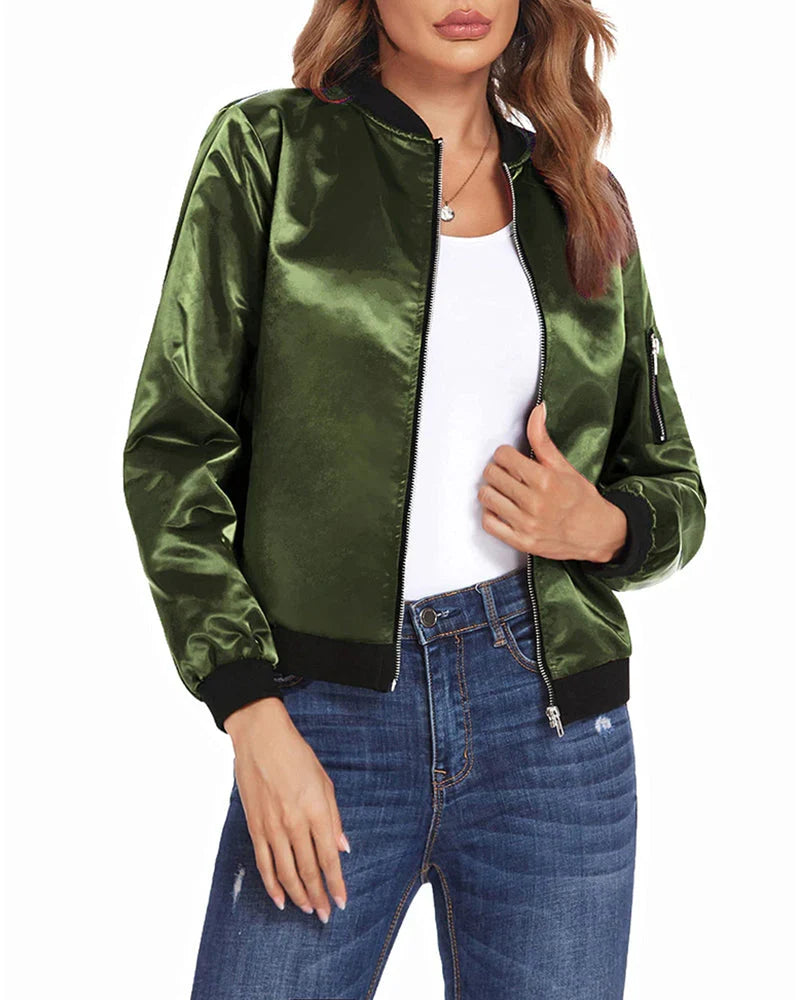 Lightweight bomber jacket for women featuring front zipper