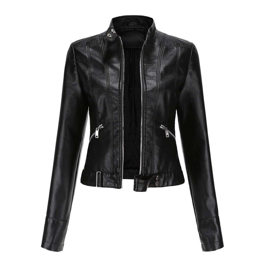 Front view of the black women's classic Marlene jacket featuring zippered pockets and collar