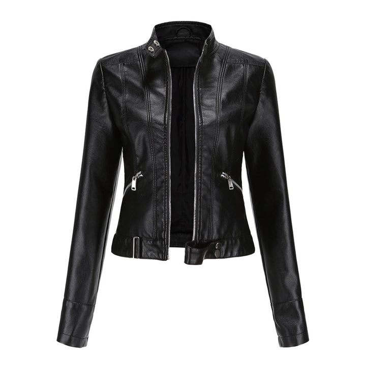 Front view of the black women's classic Marlene jacket featuring zippered pockets and collar