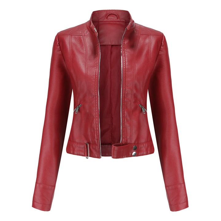 Red women's classic Marlene jacket shown from the front with open zip and detailed stitching