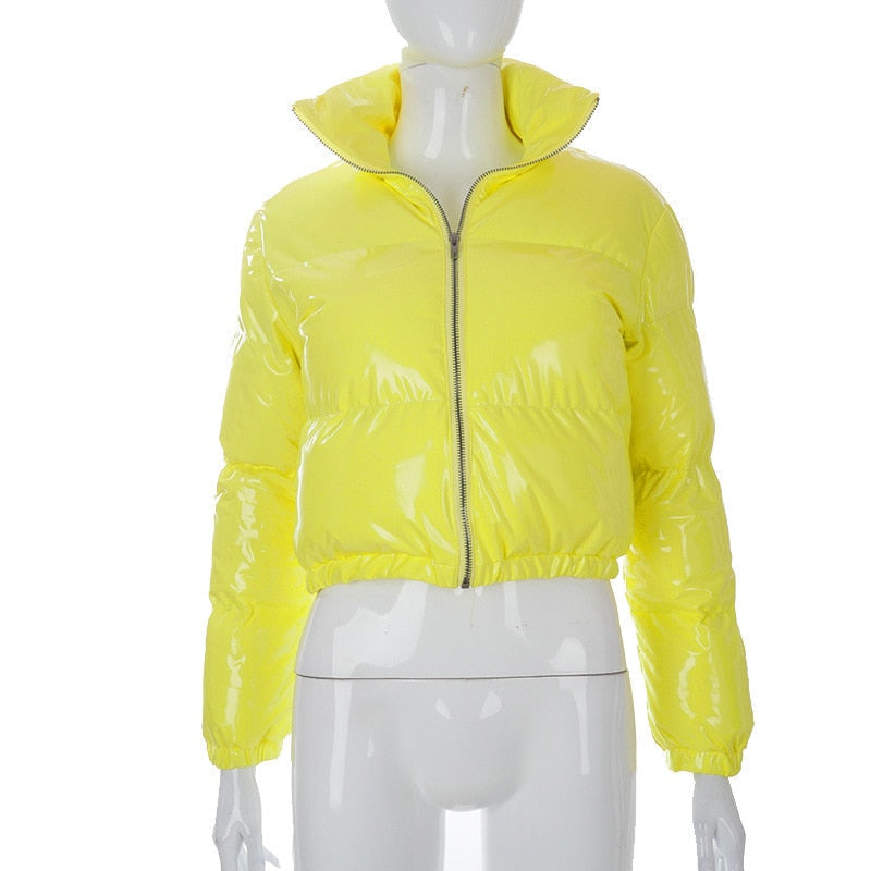 Full body shot of the women's puffer jacket styled for autumn