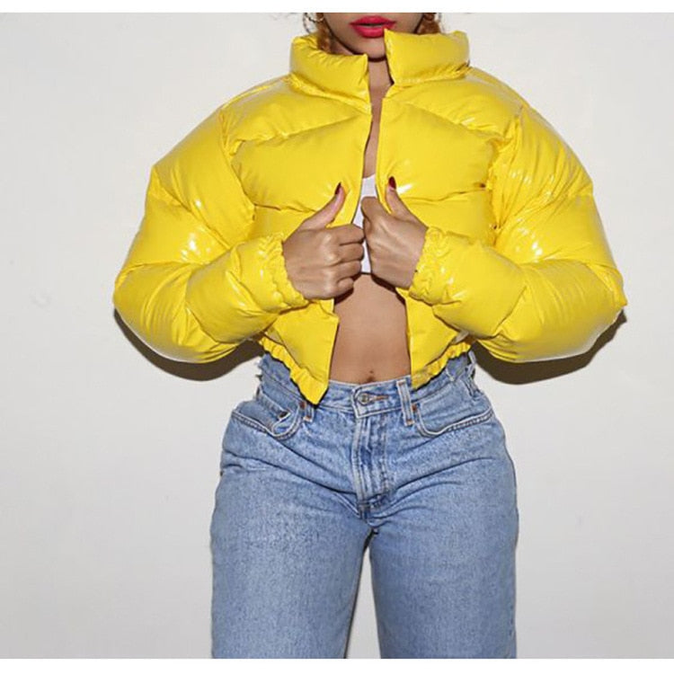 Close-up shot of the hem and stitching on the puffer jacket