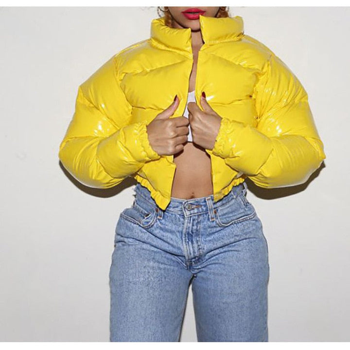 Close-up shot of the hem and stitching on the puffer jacket