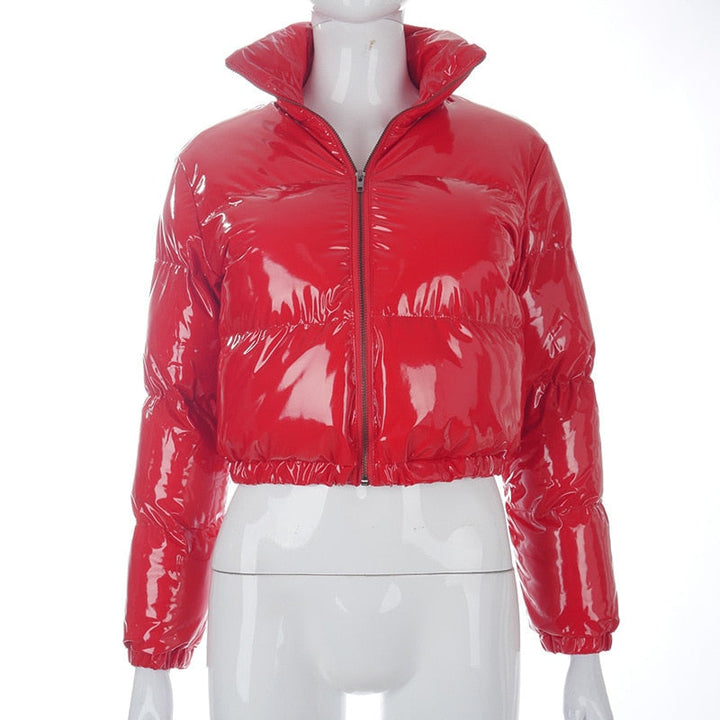 Interior lining view of the warm cropped puffer jacket