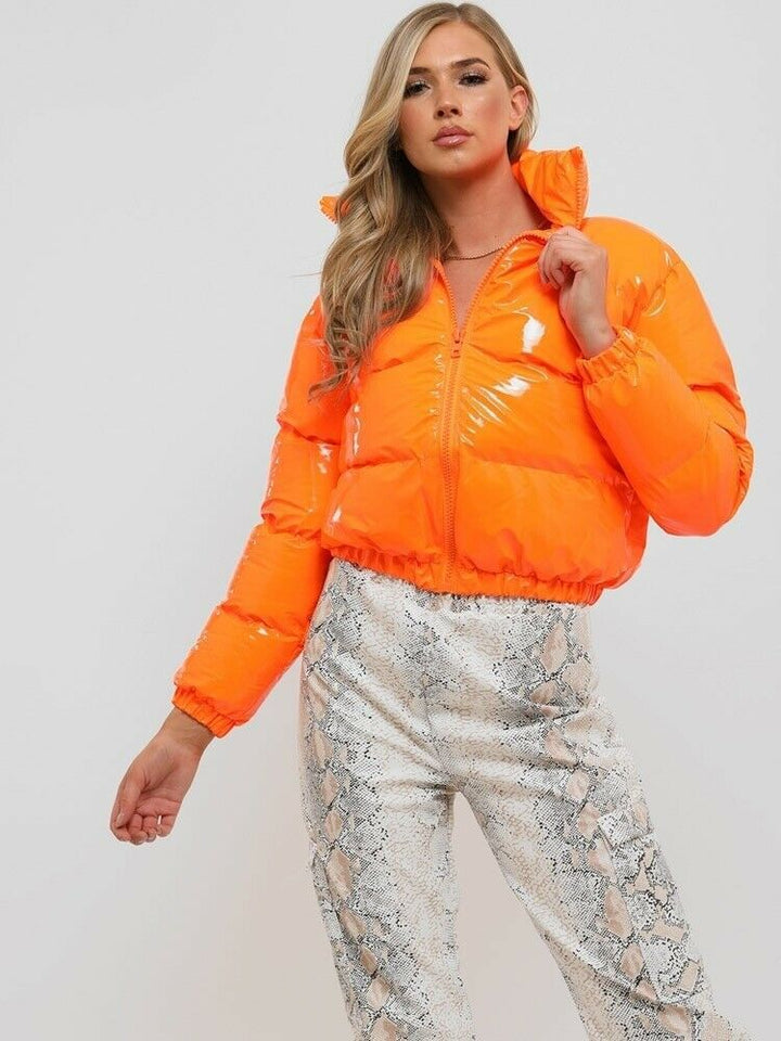 Collar detail of the women's puffer jacket, winter outerwear