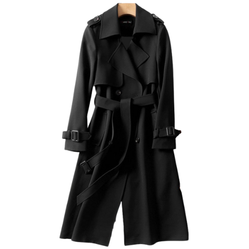 Stylish black women's winter coat featuring classic lapels