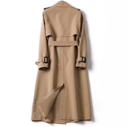 Back view of the women's classic trench coat showing belt and vent