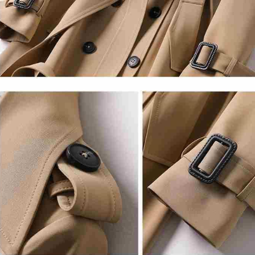 Close-up detail of buttons, lapel, and belted sleeve cuffs