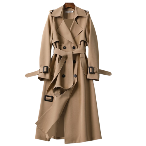 Front view of the women's classic khaki trench coat Astra on hanger