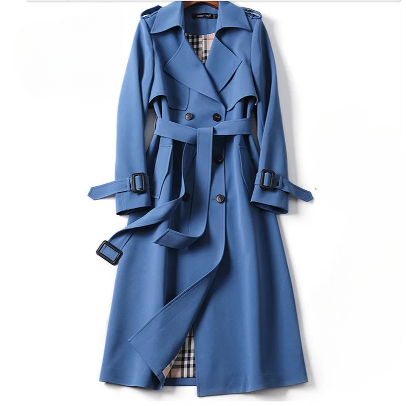 Belted waist detail on classic women's trench coat in khaki