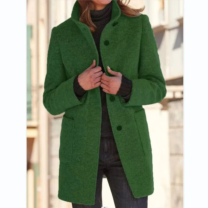 Back view of stylish women's overcoat for casual winter fashion
