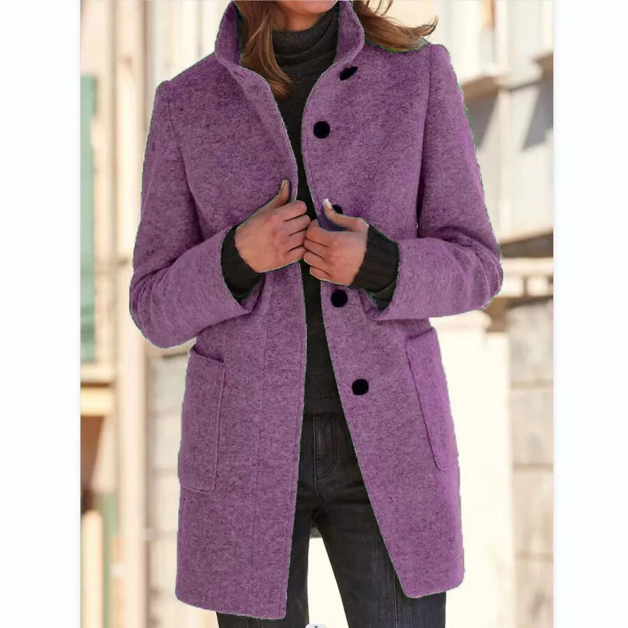 Side view of Women's Emma Winter Overcoat showing standing collar and tailored fit