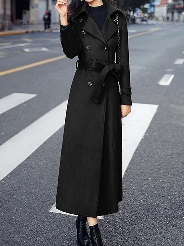 Elegant women's long wool blend coat in brown with lapel collar and belt