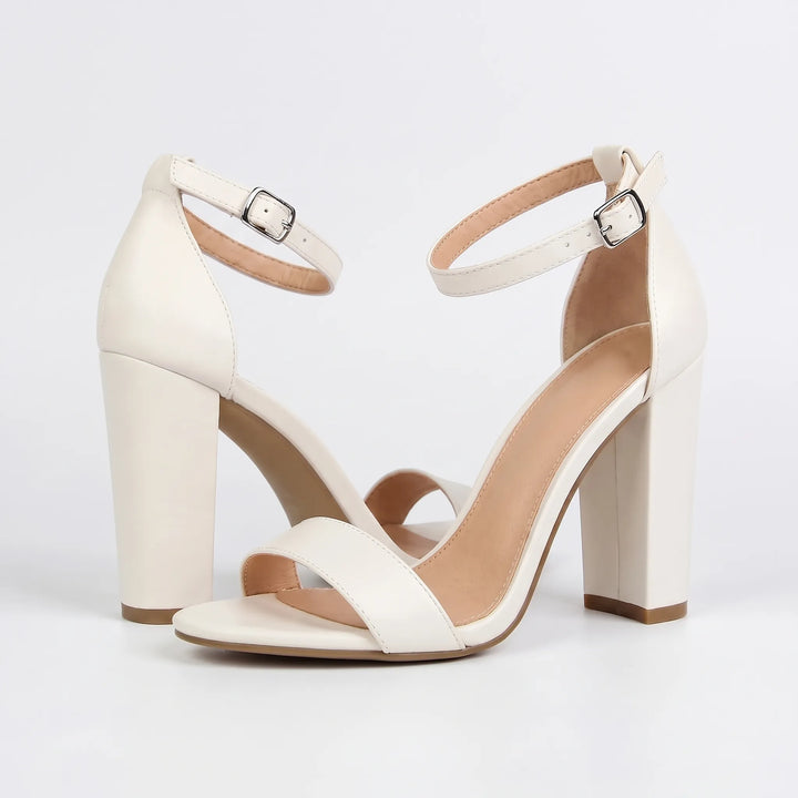 White strappy block heel sandals for women