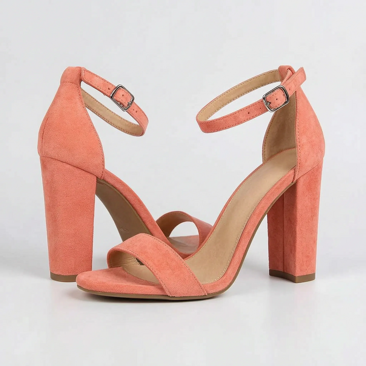 Coral pink strappy sandals with chunky heel
