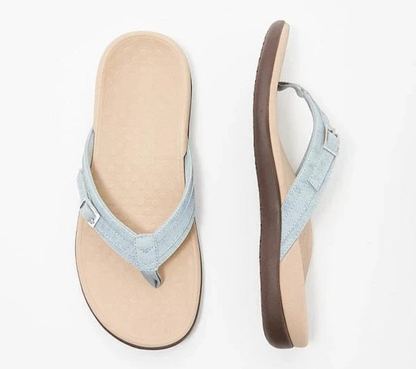 Top and side view of light blue orthopedic sandals showing cushioned footbed and straps