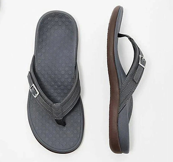 Top and side view of dark grey orthopedic sandals with decorative buckle detail