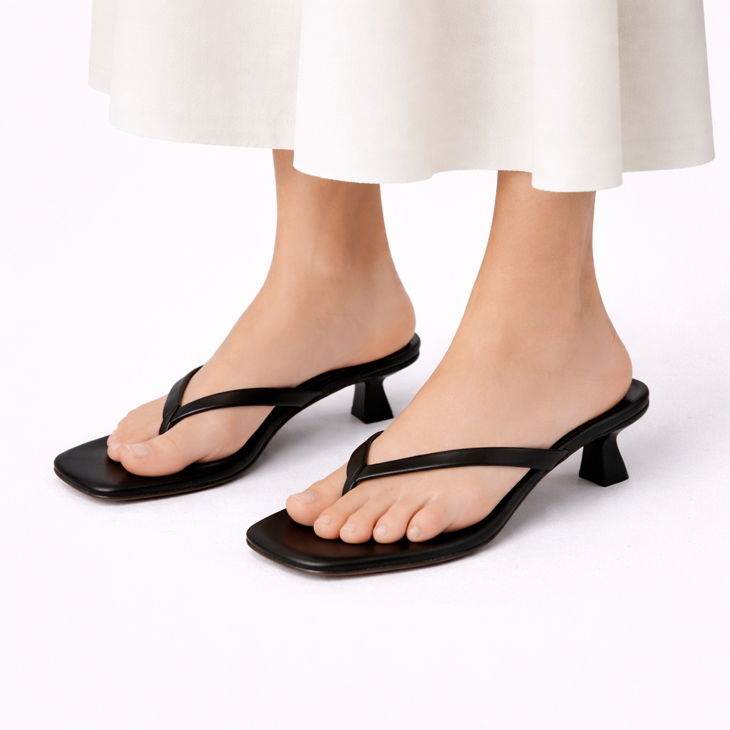 Women wearing black summer heeled orthopedic slippers with thong strap