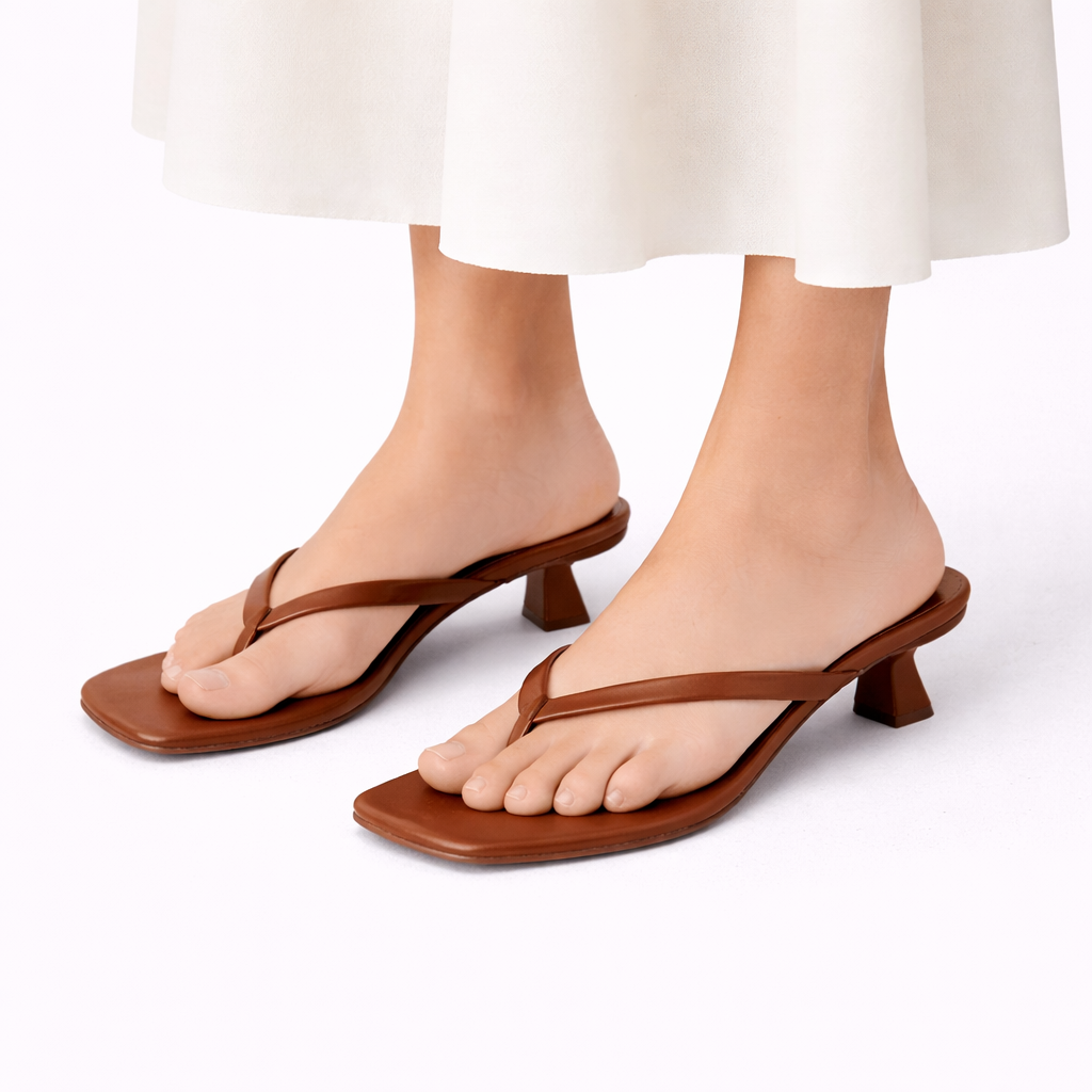 Women wearing brown summer heeled orthopedic slippers outdoors