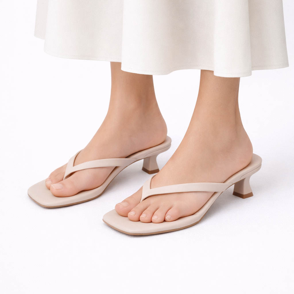 Women wearing beige summer heeled orthopedic slippers with square toe
