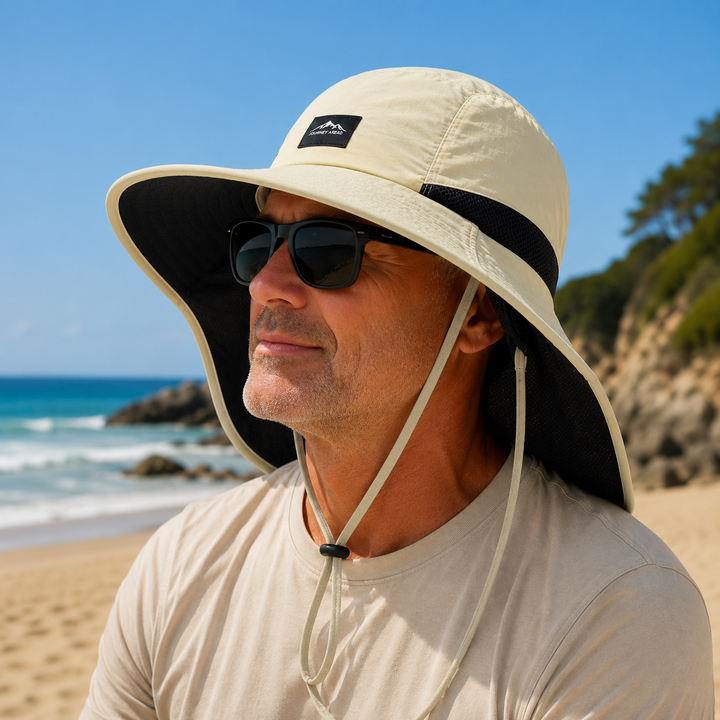 Mens sun protection hat with wide brim and long neck flap for outdoor UV defense