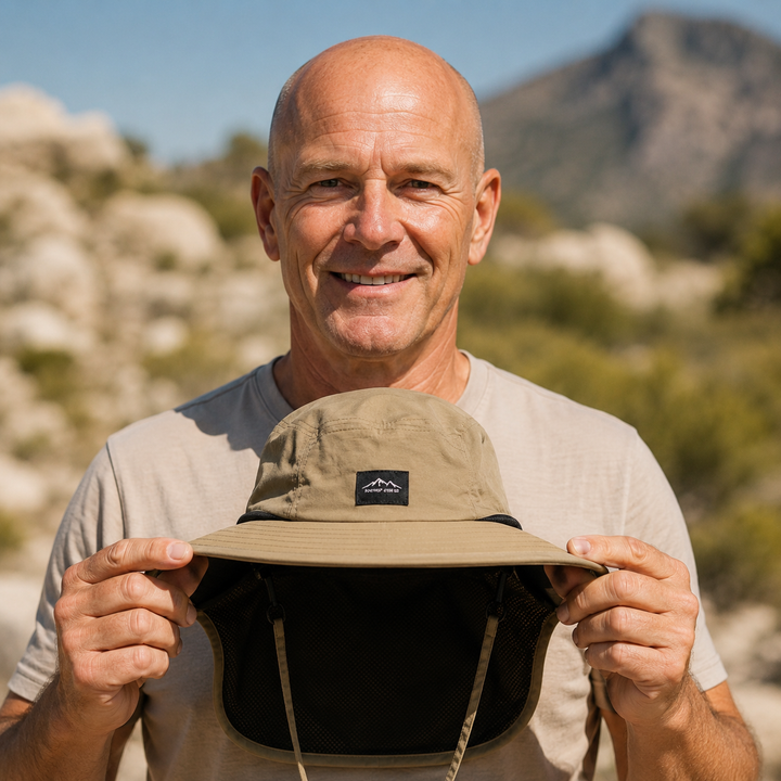 Back view of mens outdoor sun hat showing full neck coverage flap