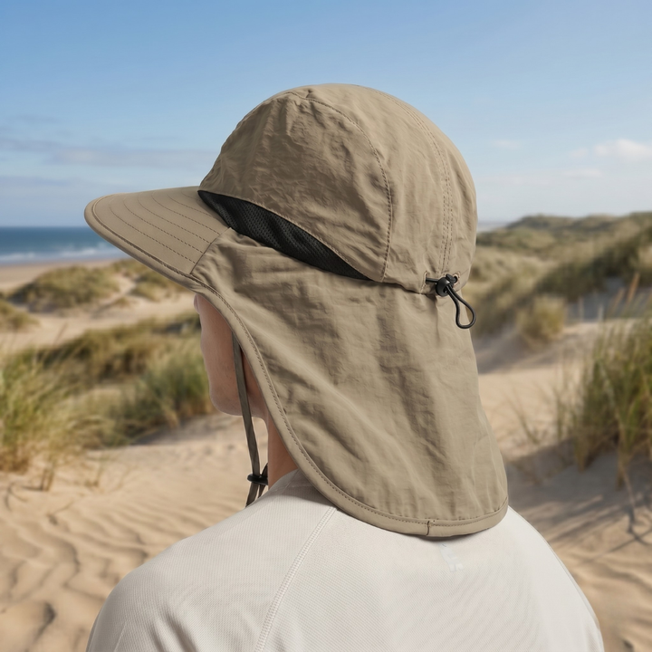 Detailed shot of breathable fabric on mens UV protection beach and golf hat