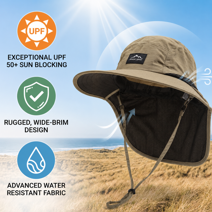 Mens beige sun hat with chin strap worn outdoors for hiking and fishing