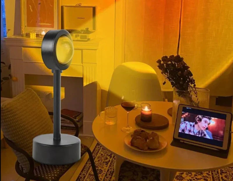 Sunset lamp illuminating a cozy dining room table setup