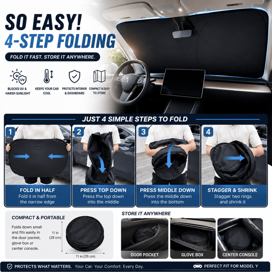 Compact foldable car sunshade for summer driving and heat protection