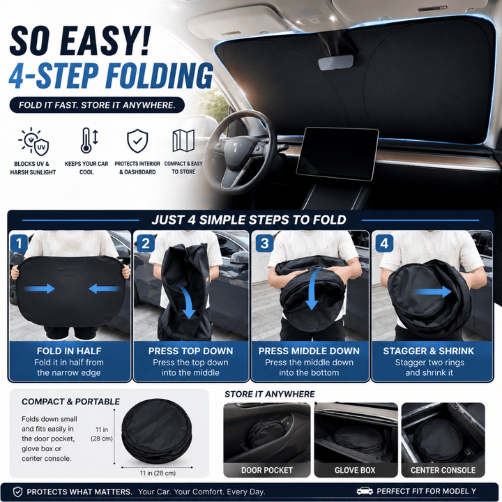 Compact foldable car sunshade for summer driving and heat protection