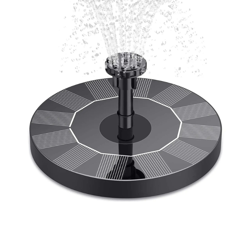Solar-powered outdoor water fountain floating in a pond with active spray