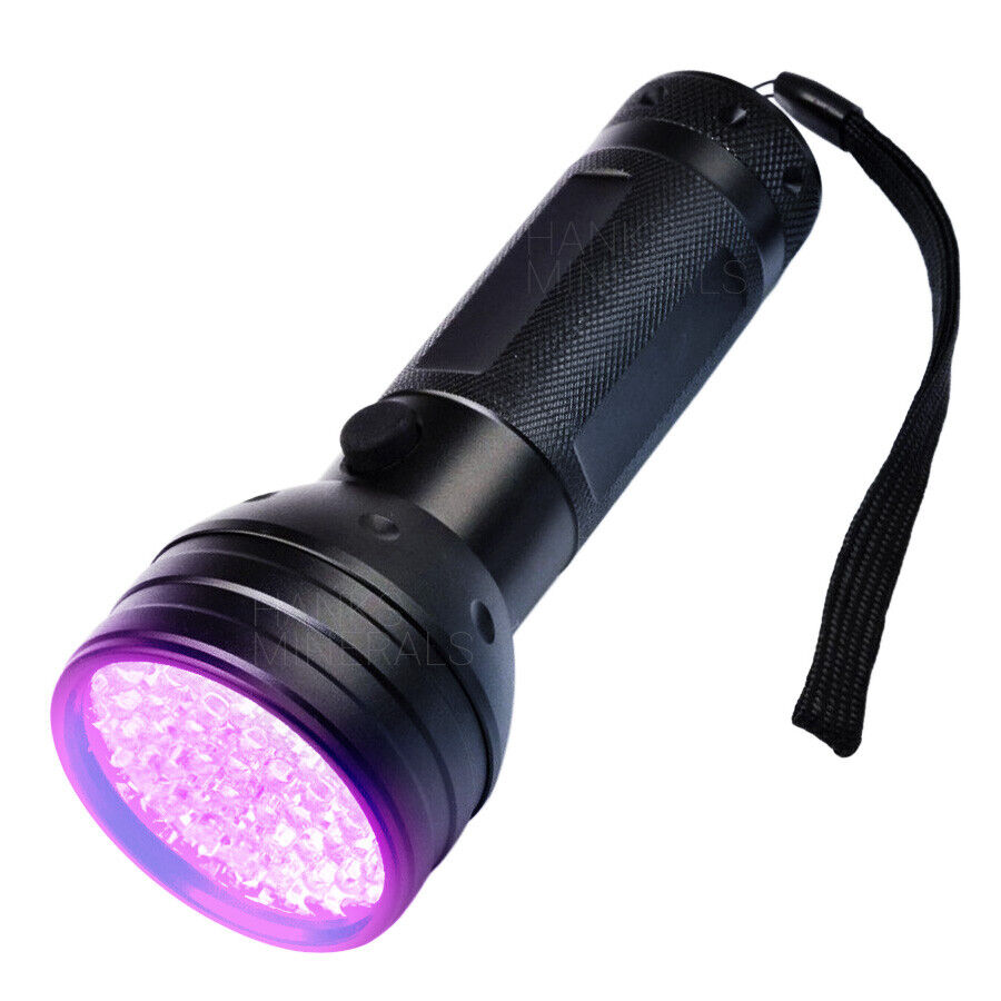 Angle view of the black aluminum UV flashlight with hand strap
