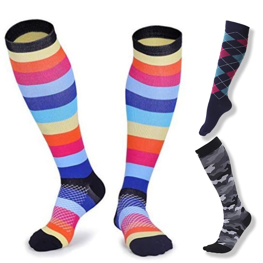 Three pairs of colorful patterned compression support socks displayed together