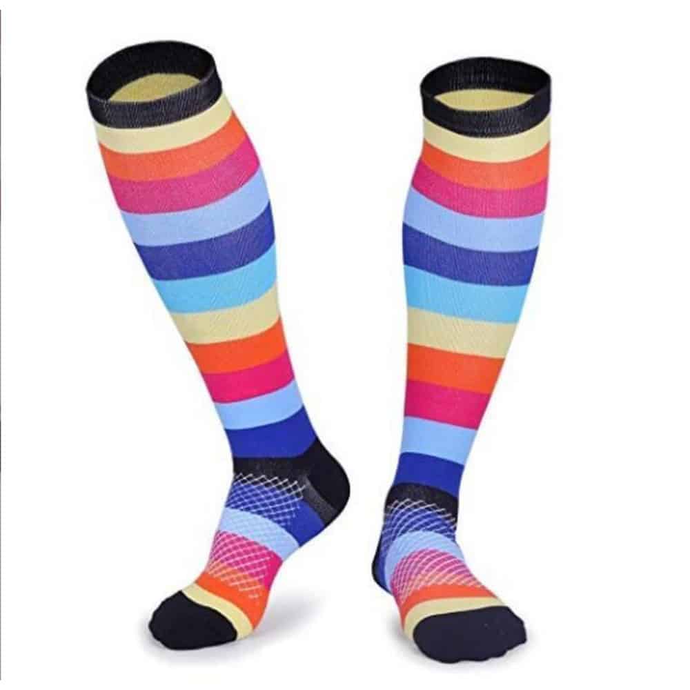 Vibrant striped compression socks designed for daily support