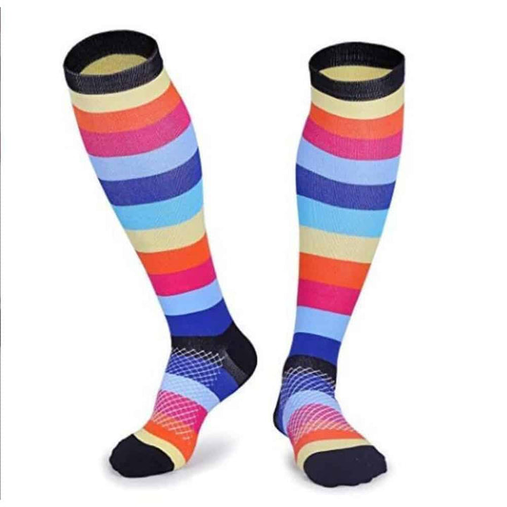 Vibrant striped compression socks designed for daily support