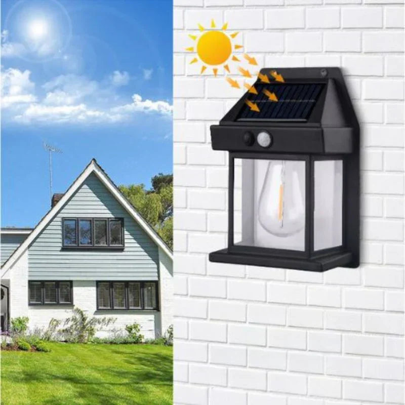 Solaris sustainable solar wall lamp mounted on a white brick exterior wall